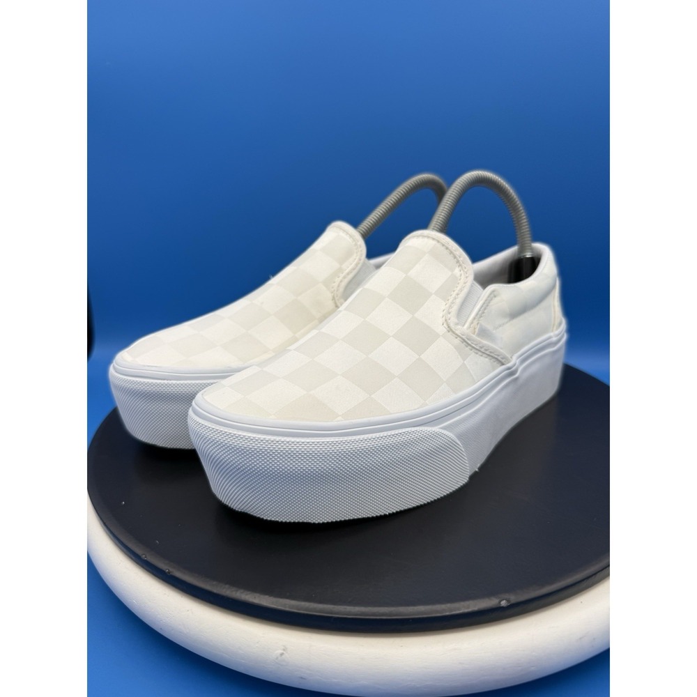 Vans Classic Slip On Stackform Checkerboard Women 7.5 White Ivory Platform Shoes